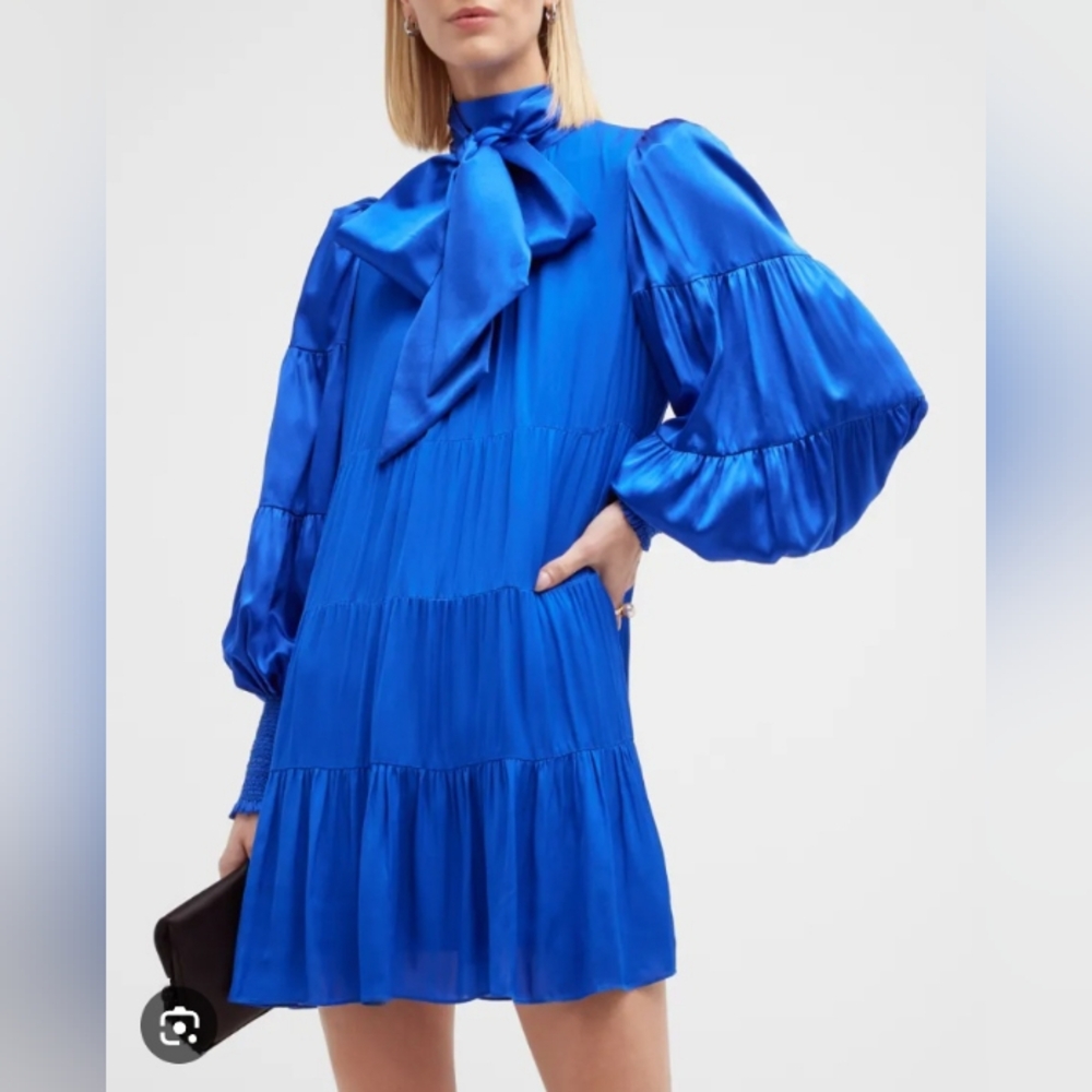 Alice + Olivia Karena Baby Doll Bow Tie Blue Long-Sleeve Mini Dress Size 4